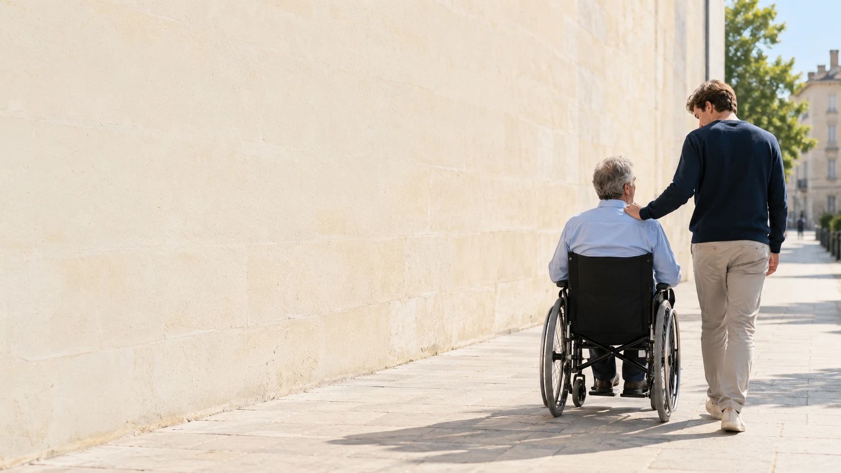Un fils marche à côté de son père en fauteuil roulant, dans une rue ensoleillée.